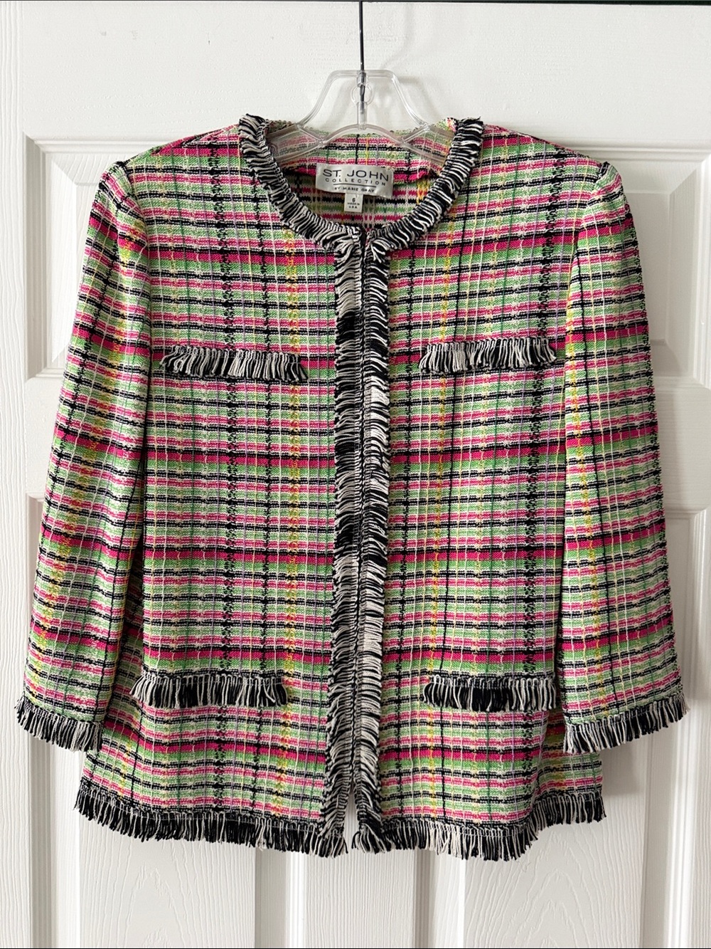 St. John Collection Marie Gray Vintage Plaid Knit Jacket Fringe Pink Green